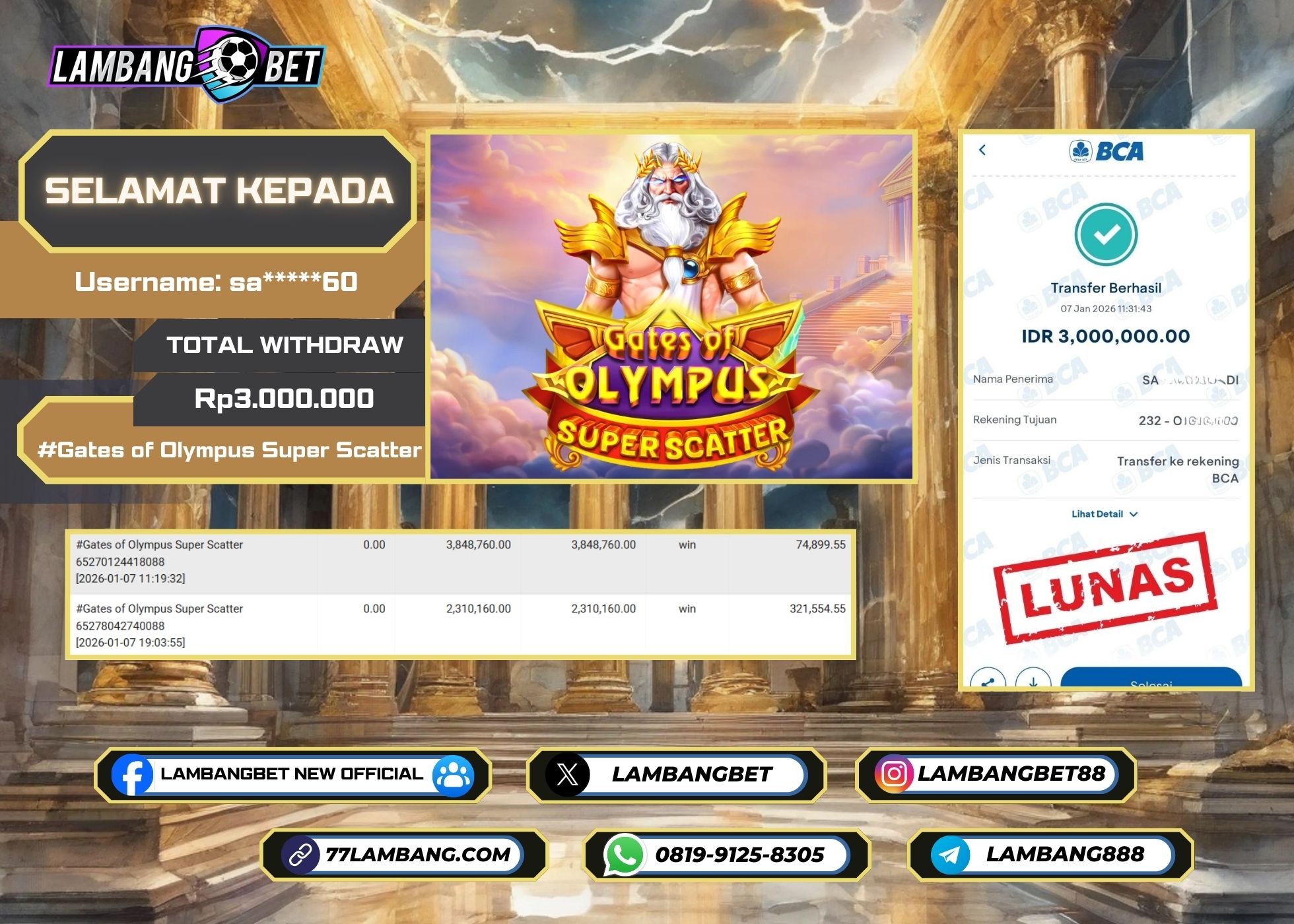 LAMBANGBET [7 JANUARI 2025] JACKPOT SLOT Gates of Olympus Super Scatter "Rp3.000.000" LUNAS